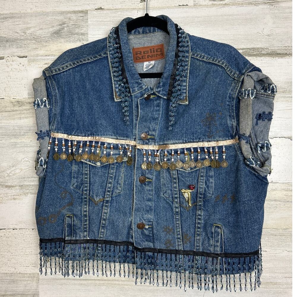 Reliq Denim Womens Medium Blue Jean Fringe Crop Vest Jacket Boho Rockstar Boho